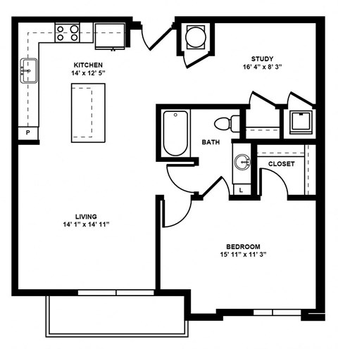 Floor plan for 1 bed, 1 bath, 920 sqft